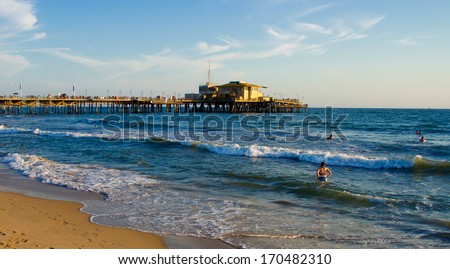 SANTA MONICA, CALIFORNIA - SEPTEMBER 8: Santa Monica beach on September 8, 2012 in Santa Monica, California. The city has 3.5 miles of beach locations and averages 340 days of sunshine every year.