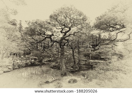 Black and white image of the Zen Garden of the Ginkakuji Temple (The Silver Pavilion) in Kyoto, Japan