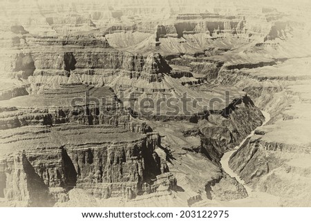 Black and white image of the Grand Canyon, Arizona, USA. The Grand Canyon is a steep-sided canyon carved by the Colorado River in the United States in the state of Arizona.