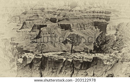 Black and white image of the Grand Canyon, Arizona, USA. The Grand Canyon is a steep-sided canyon carved by the Colorado River in the United States in the state of Arizona.