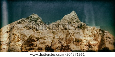 Vintage style image of the world\'s highest mountain, Mt Everest (8850m) and Mt. Nuptse in the Himalayas, Nepal.