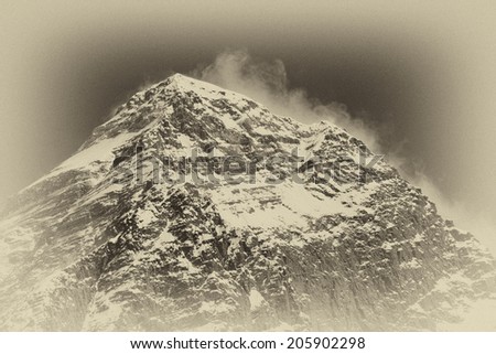 Vintage style black and white image of the world's highest mountain, Mt Everest (8850m) in the Himalayas, Nepal.
