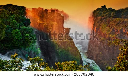 Early morning lights at the Victoria Falls at the border of Zimbabwe and Zambia