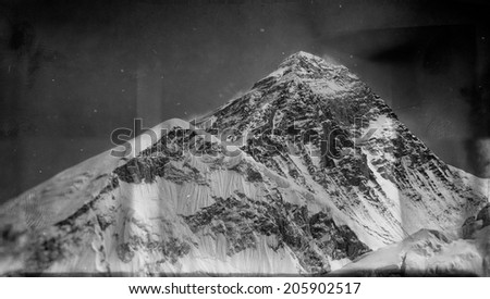 Vintage style black and white image of the world\'s highest mountain, Mt Everest (8850m) in the Himalayas, Nepal.