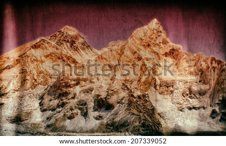 Vintage style image of the world\'s highest mountain, Mt Everest (left, 8850m) and Mt. Nuptse (right) in the Himalayas, Nepal