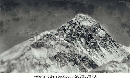 Vintage style black and white world\'s highest mountain, Mt Everest (8850m) in the Himalayas, Nepal.