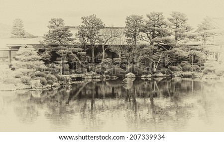 Vintage style black and white image of the Zen Garden of the Heian-jingu Shrine in Kyoto, Japan