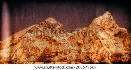 Vintage style image of the world\'s highest mountain, Mt Everest (8850m) and Mt. Nuptse in the Himalayas, Nepal.
