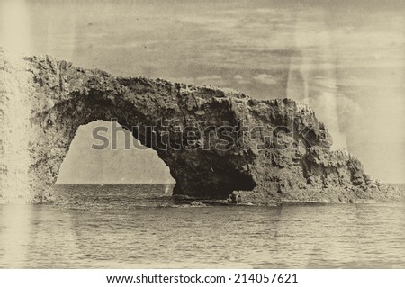 Vintage style black and white image of a Rock near Anacapa Island, Channel Islands National Park, California, USA