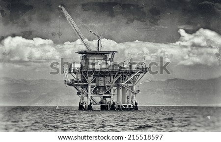 Large Pacific Ocean offshore oil rig drilling platform off the southern coast of California, between Ventura and the Channel Islands