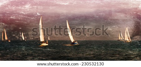 Vintage style image of sailboats on the Pacific ocean; Santa Cruz, California, USA