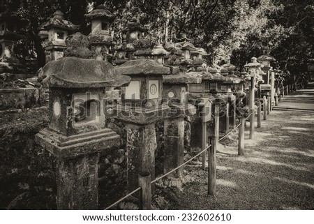 Vintage style black and white image of stone lanterns at the Kasuga Taisha Shrine in Nara, Japan. Kasuga Shrine and the Kasugayama Primeval Forest are registered as a UNESCO World Heritage Site.