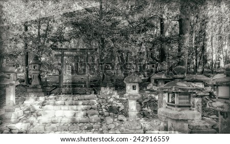 Vintage style black and white image of stone lanterns and a tori gate at the Kasuga Taisha Shrine in Nara, Japan. Kasuga Shrine is registered as a UNESCO World Heritage Site.