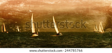 Vintage style image of sailboats on the Pacific ocean; Santa Cruz, California, USA