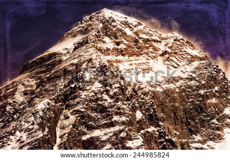 Vintage style image of the world's highest mountain, Mt Everest (8850m) in the Himalayas, Nepal.