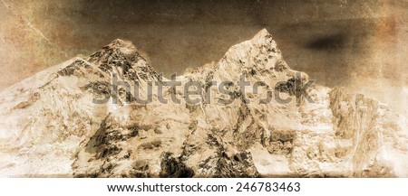 Vintage style black and white image of the world\'s highest mountain, Mt Everest (8850m) and Mt. Nuptse in the Himalayas, Nepal.