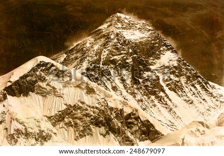 Vintage style image of the world\'s highest mountain, Mt Everest (8850m) in the Himalayas, Nepal.