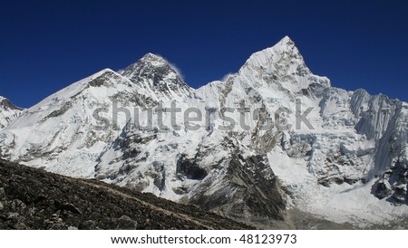 Himalayan mountain landscape, Mt. Everest on the left side, Mt. Nuptse on the right, Nepal, Everest Region