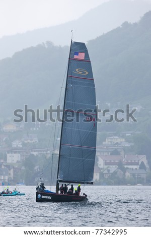 LAKE TRAUNSEE, AUSTRIA - MAY 15: ORACLE Racing team from the USA prove to be the masters of Lake Traunsee as they win the 2011 RC44 Austria Sailing Cup.RC44 on May 15, 2011 in Lake Traunsee, Austria.
