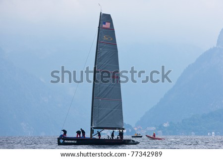 LAKE TRAUNSEE, AUSTRIA - MAY 15: ORACLE Racing team from the USA prove to be the masters of Lake Traunsee as they win the 2011 RC44 Austria Sailing Cup.RC44 on May 15, 2011 in Lake Traunsee, Austria.