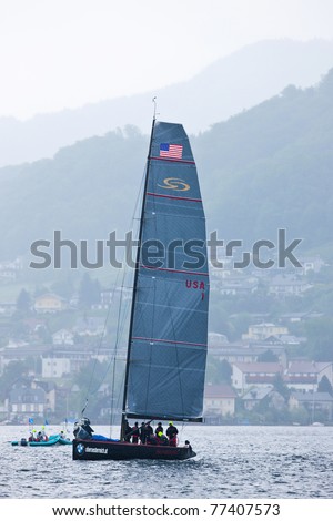 LAKE TRAUNSEE, AUSTRIA - MAY 15: ORACLE Racing team from the USA prove to be the masters of Lake Traunsee as they win the 2011 RC44 Austria Sailing Cup.RC44 on May 15, 2011 on Lake Traunsee, Austria.