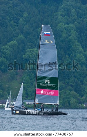 LAKE TRAUNSEE, AUSTRIA - MAY 15: TEAM CEEREF from Slovenia take the fourth place at the 2011 RC44 Austria Sailing Cup.RC44 on May 15, 2011 on Lake Traunsee, Austria.