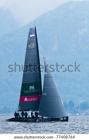 LAKE TRAUNSEE, AUSTRIA - MAY 15: TEAM CEEREF from Slovenia take the fourth place at the 2011 RC44 Austria Sailing Cup.RC44 on May 15, 2011 on Lake Traunsee, Austria.