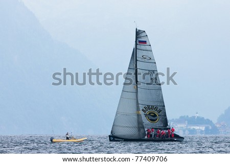 LAKE TRAUNSEE, AUSTRIA - MAY 15: Synergy Russian Sailing Team from Russia  take the 12th place at the 2011 RC44 Austria Sailing Cup on May 15, 2011 on Lake Traunsee, Austria.
