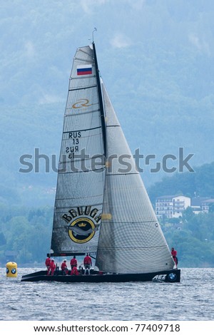 LAKE TRAUNSEE, AUSTRIA - MAY 15: Synergy Russian Sailing Team from Russia  take the 12th place at the 2011 RC44 Austria Sailing Cup on May 15, 2011 on Lake Traunsee, Austria.