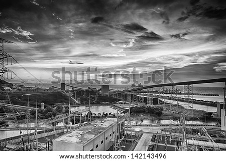 Sunset over a coal materials handling facility