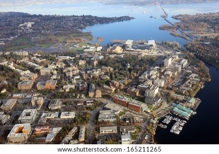 Aerial view of Washington University in Seattle and the University District