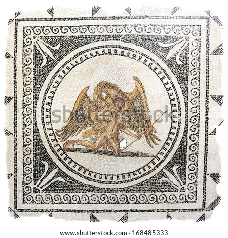Ancient Roman mosaic from the mid 2nd century AD depicting Ganymede, a Trojan prince, being carried off by Zeus in the form of an eagle.