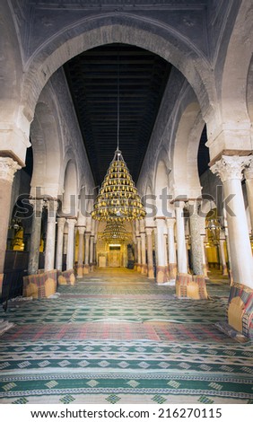 Main prayer room in The Great Mosque of Kairouan, also known as the Mosque of Sidi-Uqba