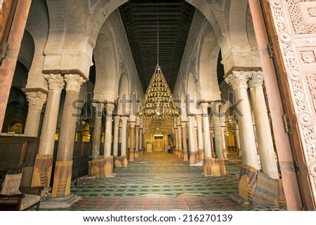 Main prayer room in The Great Mosque of Kairouan, also known as the Mosque of Sidi-Uqba
