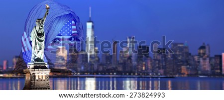 Double Exposure concept image of young Arab American woman over Statue of Liberty with blurred New York City background