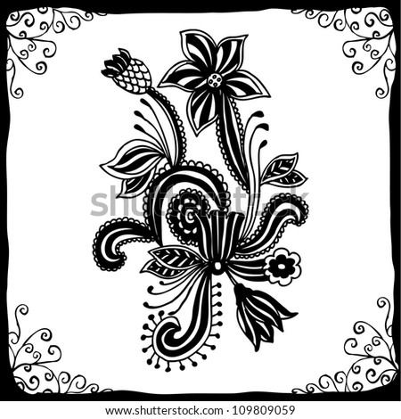 Flower Picture  on Hand Draw Line Art Ornate Flower Design With Elegant Black Frame Stock