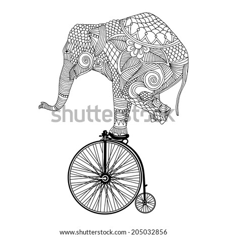 Stylized fantasy patterned elephant on vintage bicycle Stylized fantasy patterned elephant on vintage bicycle