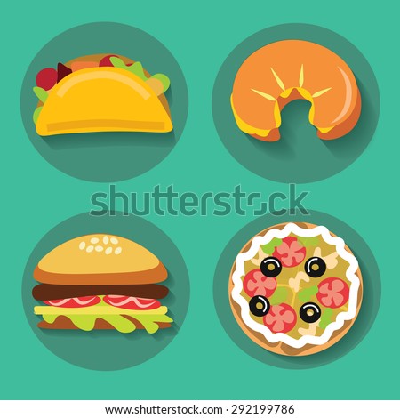 Set of flat art icons fast food pizza croissant burger burrito on a background vector illustration