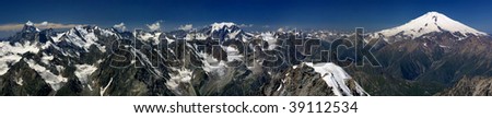 It's wide Caucasus panorama from Ushba-peak to Elbrus