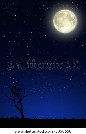 Night landscape with big moon, a silhouette of a tree tree and a blue sky covered of stars