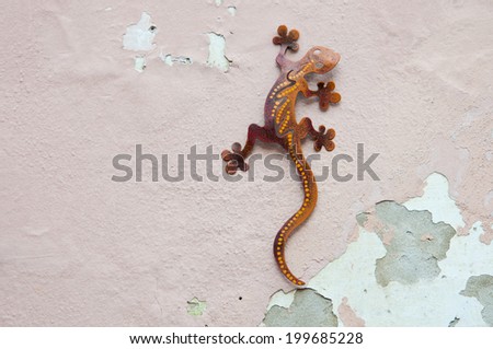 rusty metal gecko hanging on a house wall used as decoration