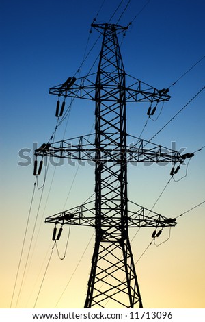 Transfer electric power on distance. Power transmission lines and tower on Decline in the sky background