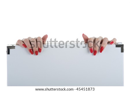 Female with beautiful  red manicure holding a blank billboard.