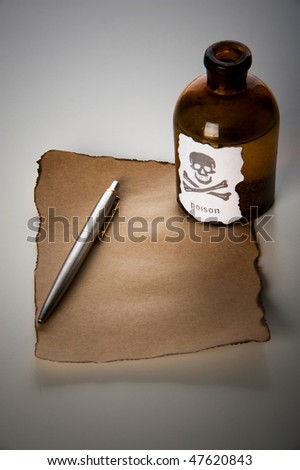 Close-up bottle of poison and written down  text before death