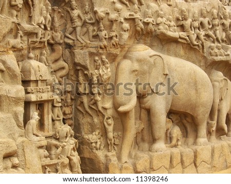 detail of ancient sculptures at  mahabalipuram, india