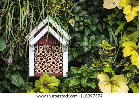 White and brown insect shelter house between garden plants