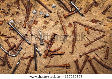 Old brown rusted and new nails in an ancient trunk