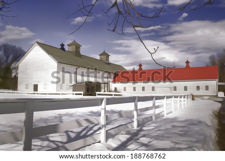 Winter Farm - Snow and the white fence and barns make a pretty winter picture.