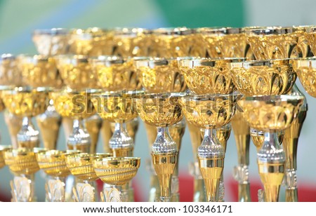 MOSCOW, RUSSIA - MAY 2: Sports cups wait for prize-winners of IX World Dance Olympiad in Moscow, Russia at May 2, 2012.