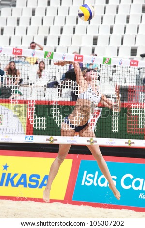 MOSCOW, RUSSIA - JUNE 8: Vasina-Vozakova, Russia against Madelein Meppelink and Sophie van Gestel (pictured), Netherlands, during Beach Volleyball Swatch World Tour in Moscow, Russia at June 8, 2012
